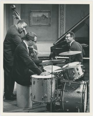Dave Brubeck, Joe Morello, Eugene Wright in rehearsal on theatre set