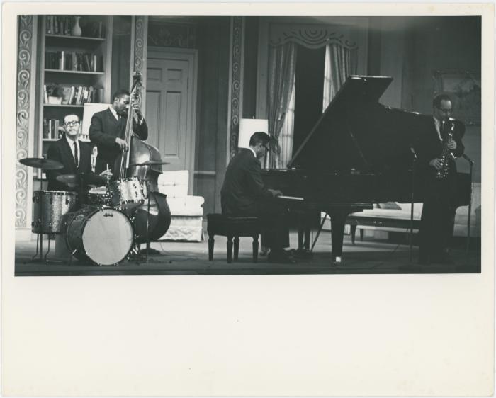 Dave Brubeck, Joe Morello, Eugene Wright, Paul Desmond in rehearsal on theatre set