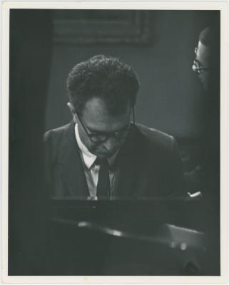 Dave Brubeck, Joe Morello in rehearsal on theatre set