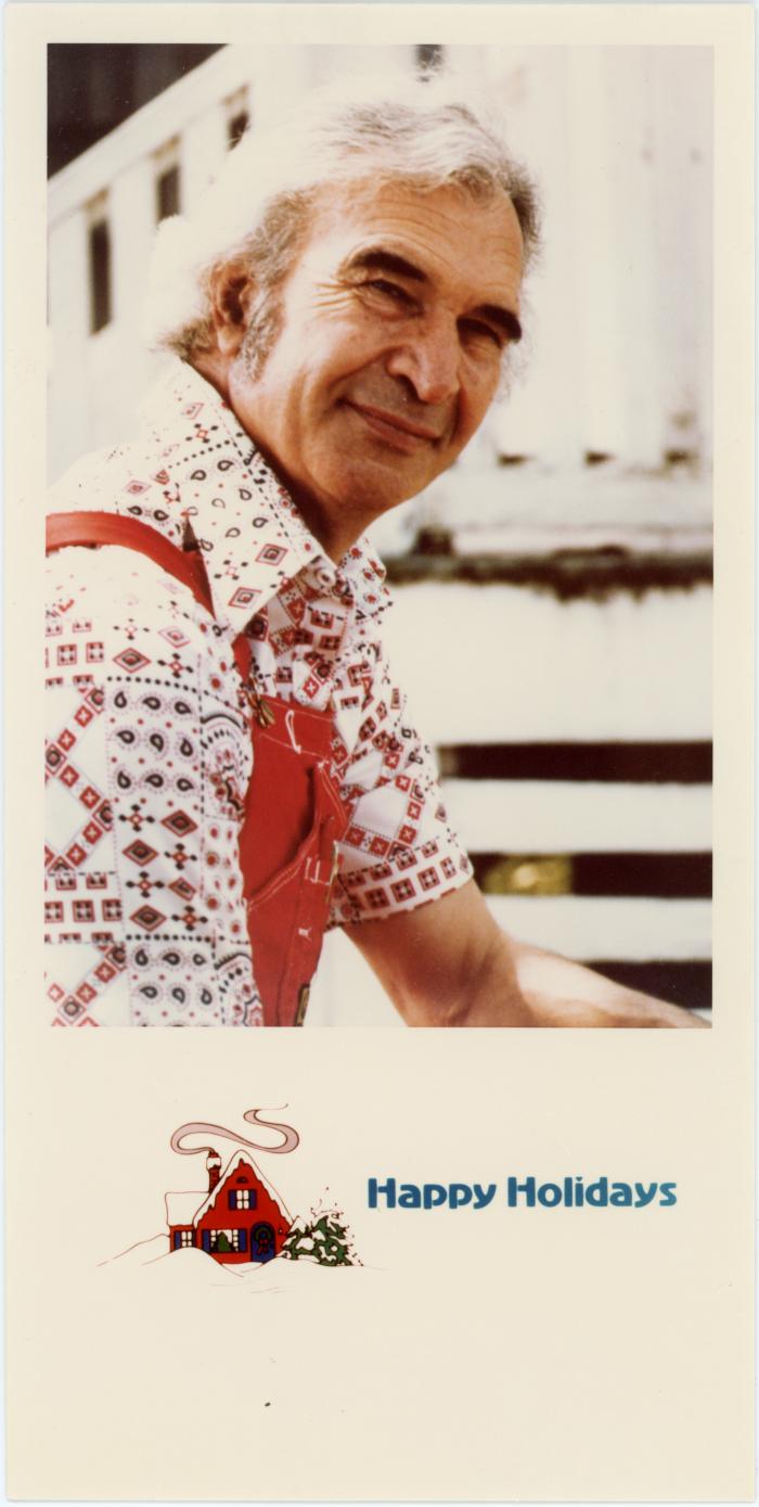 Dave Brubeck in red bib coveralls on Christmas card