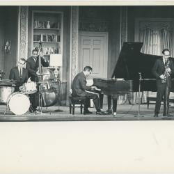 Dave Brubeck, Joe Morello, Eugene Wright, Paul Desmond in rehearsal on theatre set