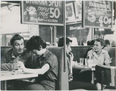 Iola Brubeck, [?] Fuchs, Harold Meeske, and unidentified woman in soda fountain