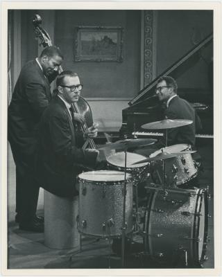 Dave Brubeck, Joe Morello, Eugene Wright in rehearsal on theatre set