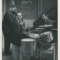 Dave Brubeck, Joe Morello, Eugene Wright in rehearsal on theatre set