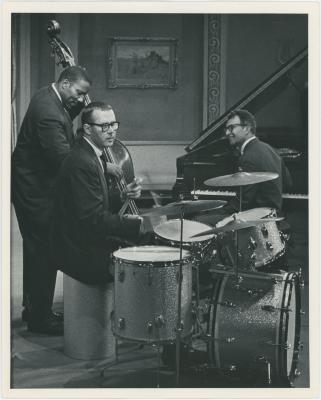 Dave Brubeck, Joe Morello, Eugene Wright in rehearsal on theatre set