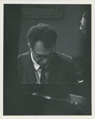 Dave Brubeck, Joe Morello in rehearsal on theatre set