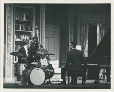 Dave Brubeck, Joe Morello, Eugene Wright in rehearsal on theatre set