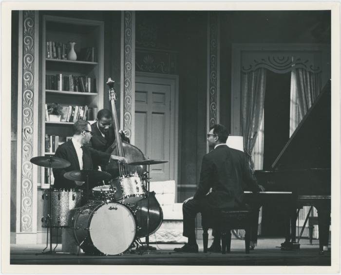 Dave Brubeck, Joe Morello, Eugene Wright in rehearsal on theatre set