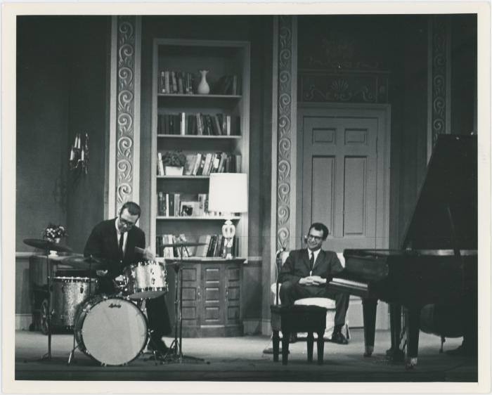 Dave Brubeck, Joe Morello in rehearsal on theatre set