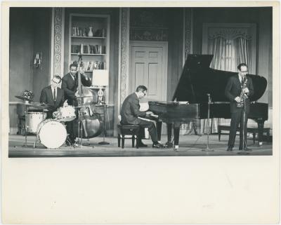 Dave Brubeck, Joe Morello, Eugene Wright, Paul Desmond in rehearsal on theatre set