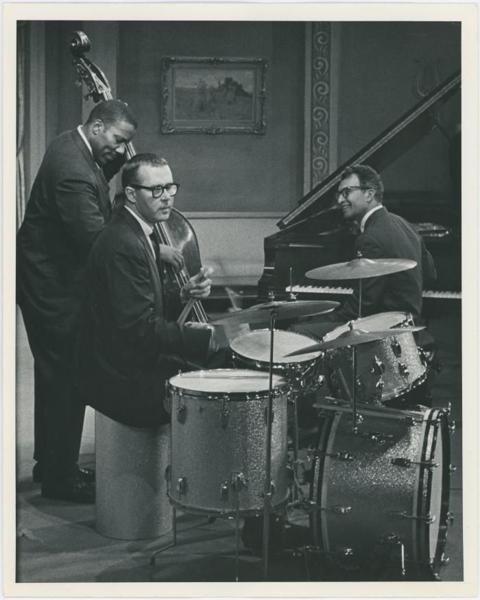 Dave Brubeck, Joe Morello, Eugene Wright in rehearsal on theatre set