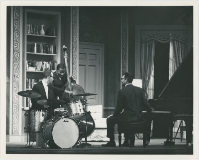 Dave Brubeck, Joe Morello, Eugene Wright in rehearsal on theatre set