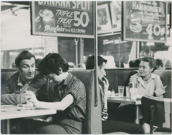 Iola Brubeck, [?] Fuchs, Harold Meeske, and unidentified woman in soda fountain