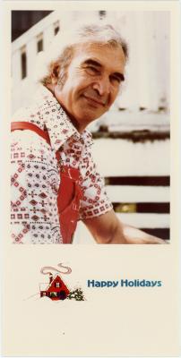 Dave Brubeck in red bib coveralls on Christmas card
