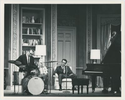 Dave Brubeck, Joe Morello in rehearsal on theatre set