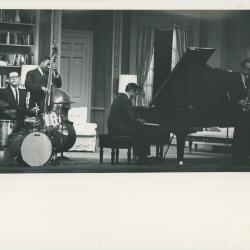 Dave Brubeck, Joe Morello, Eugene Wright in rehearsal on theatre set