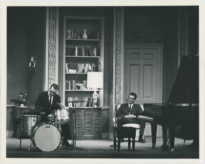 Dave Brubeck, Joe Morello in rehearsal on theatre set