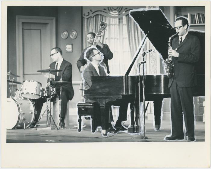 Dave Brubeck, Joe Morello, Eugene Wright, Paul Desmond in rehearsal on theatre set