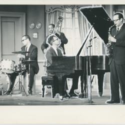 Dave Brubeck, Joe Morello, Eugene Wright, Paul Desmond in rehearsal on theatre set