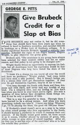 George E. Pitts, "Give Brubeck Credit for a Slap at Bias," The Pittsburgh Courier (Pennsylvania)