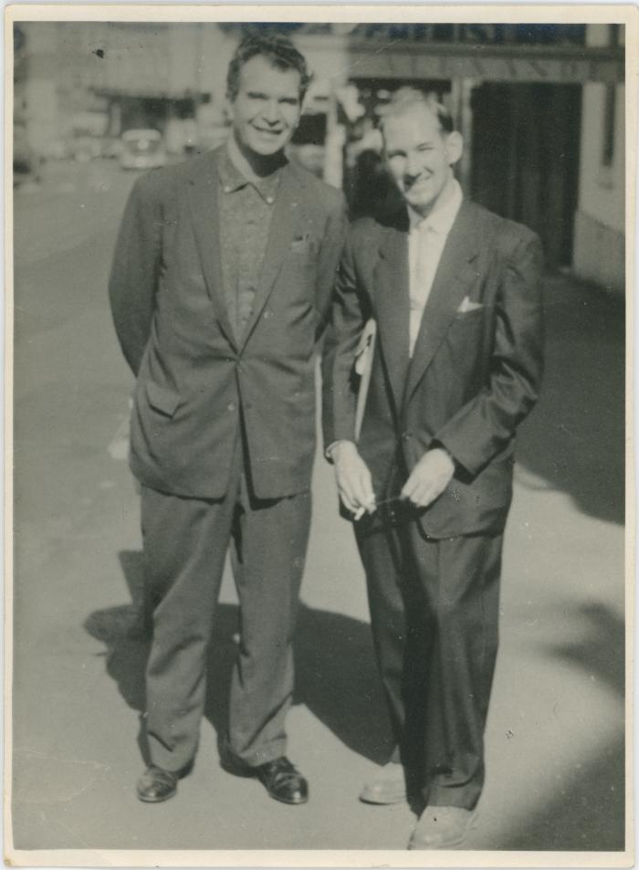 Dave Brubeck and Frank Howling standing in a street (Sydney, Australia)