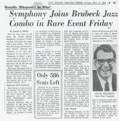 Gerald A. Eliliott, "Symphony joins Brubeck jazz combo in rare event Friday [Dialogues for Jazz Combo & Orchestra]," Grand Rapids Press (Michigan)