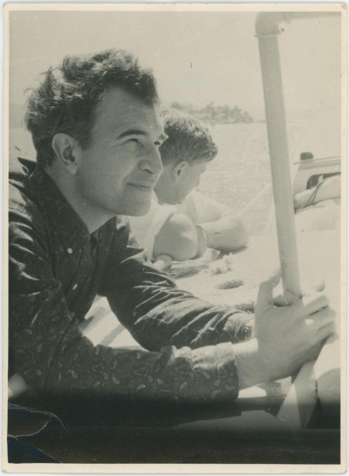 Dave Brubeck and unidentified man taking a motor boat ride in the bay (Sydney, Australia)