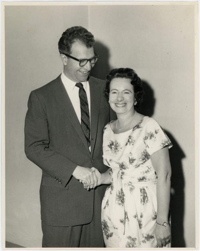 Dave Brubeck and unidentified woman wearing a floral print dress (Melbourne, Australia)