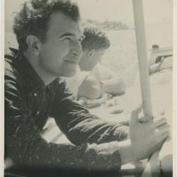 Dave Brubeck and unidentified man taking a motor boat ride in the bay (Sydney, Australia)