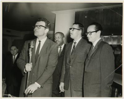 Dave Brubeck at the microphone with Eugene Wright, Joe Morello, and Paul Desmond (Sydney, Australia)