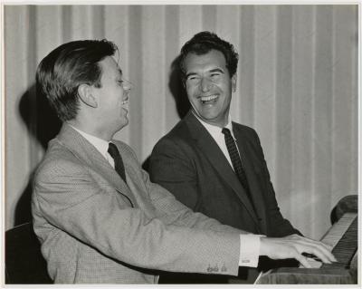 Dave Brubeck and classical pianist, Phillippe Entremont sharing a laugh at the keyboard (Adelaide, Australia)