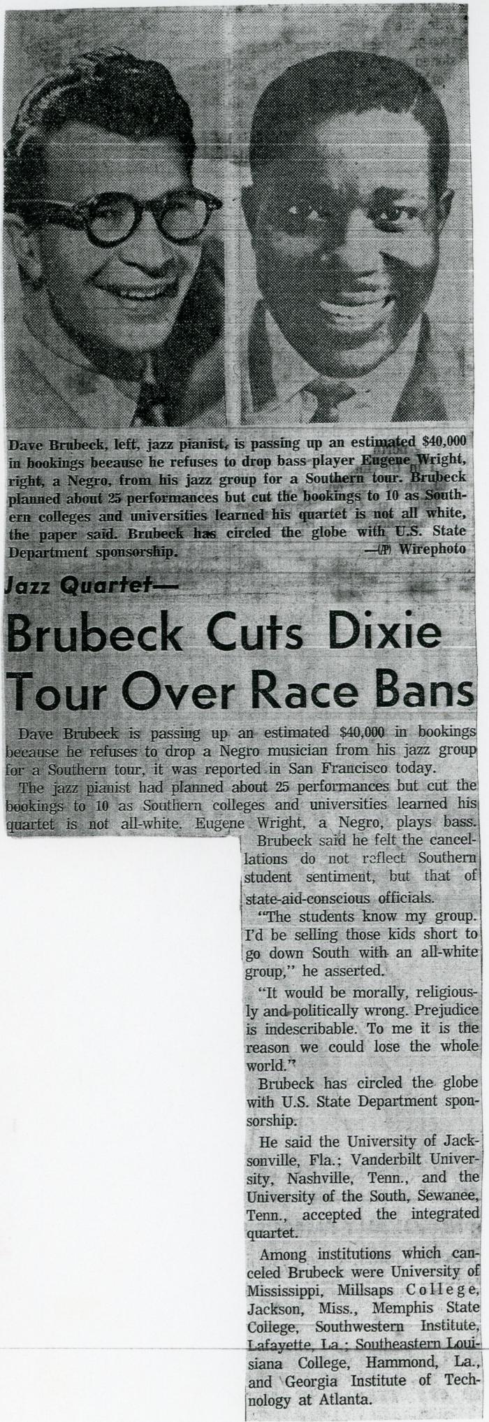 "Brubeck Cuts Dixie Tour Over Race Bans"