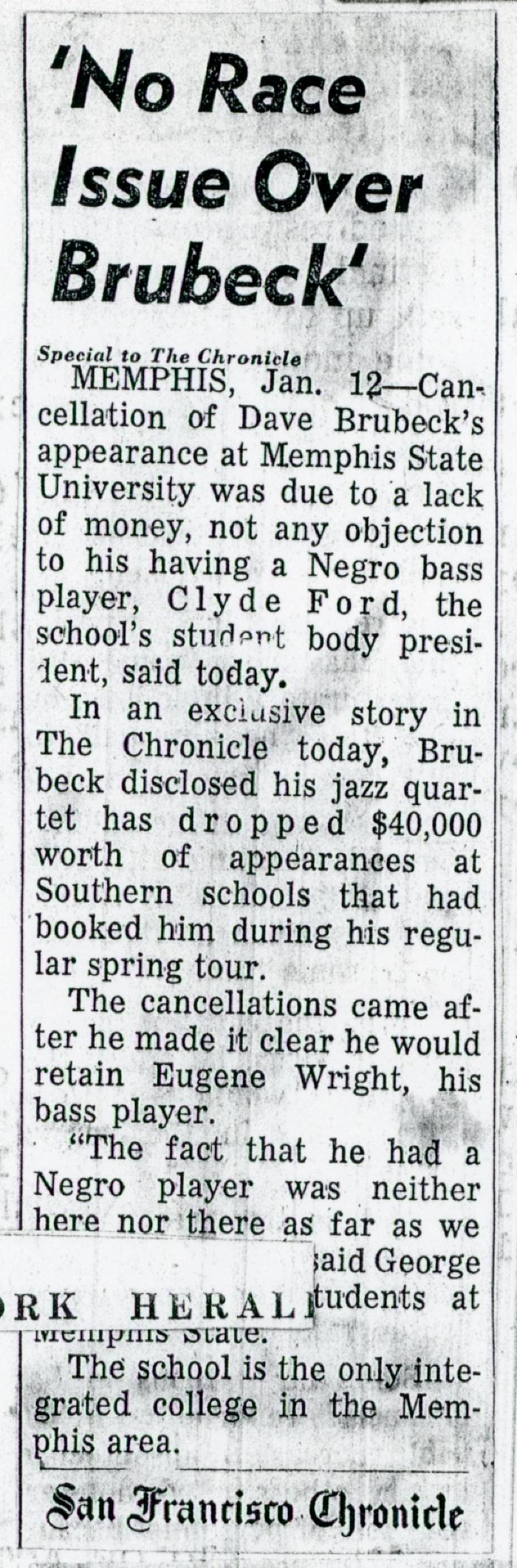 "No Race Issue Over Brubeck," San Francisco Chronicle (California)