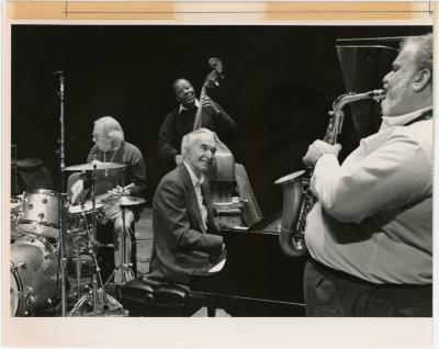 Joe Morello, Dave Brubeck, Eugene Wright, Bobby Militello at Grand Reunion benefit concert (Amherst, Massachusetts)