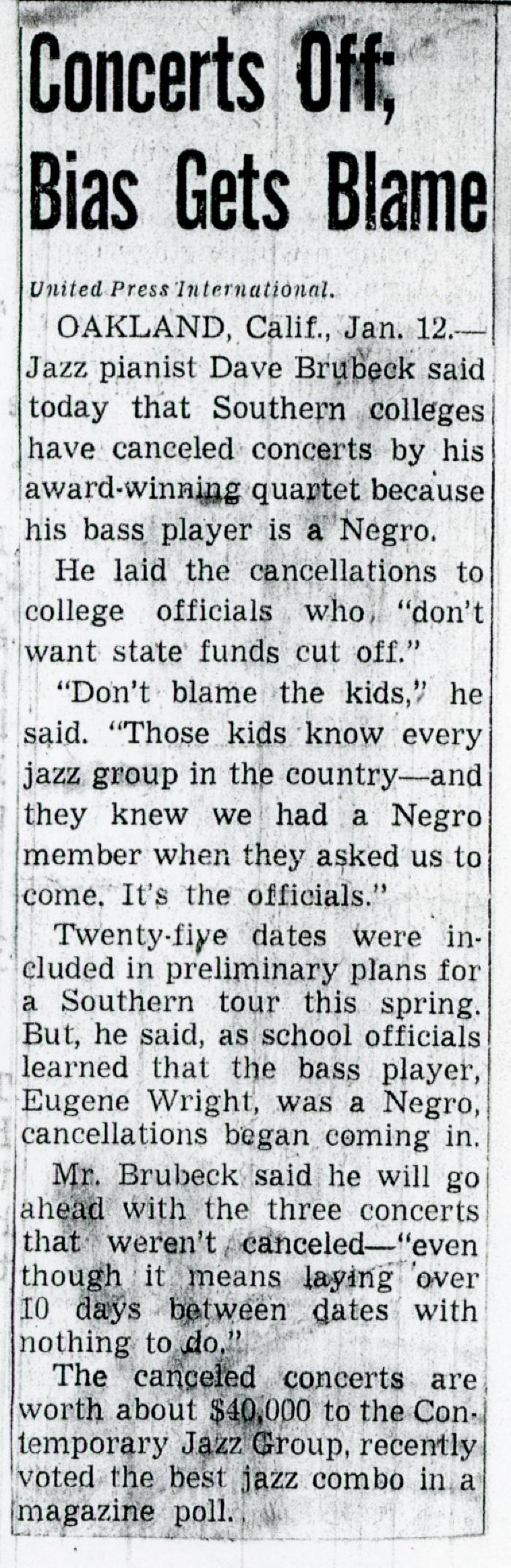 "Concerts Off; Bias Gets Blame," Telegram and Sun