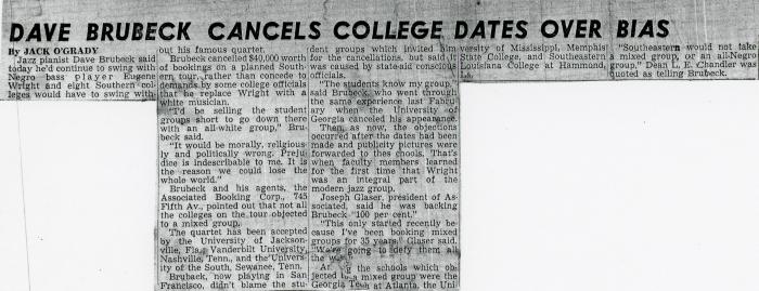 Jack O' Grady, "Dave Brubeck Cancels College Dates Over Bias"