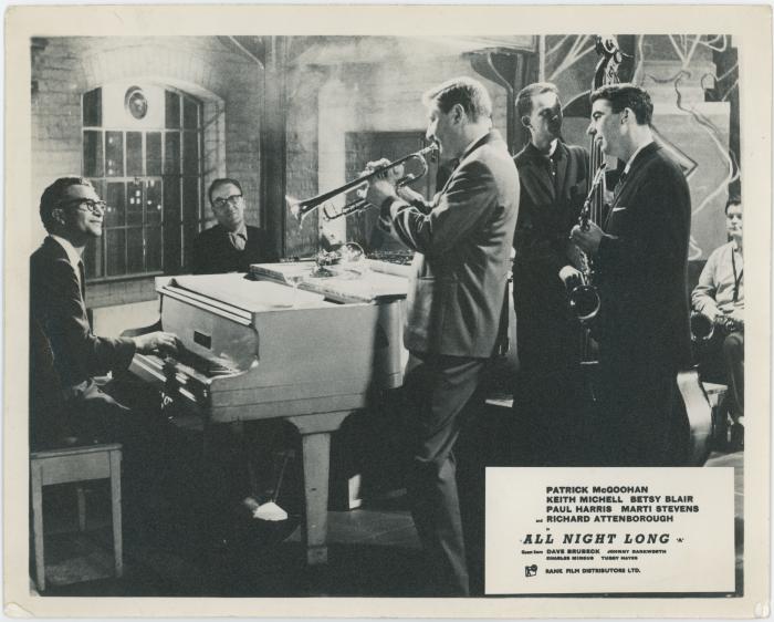 Dave Brubeck at the piano, Bert Courty, trumpet; Johnny Stoot, tenor saxophone; Tubby Hayes, tenor saxophone (London, United Kingdom)