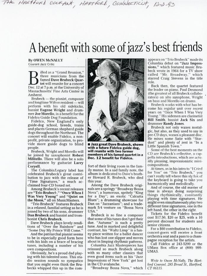 Owen McNally, "A benefit with some of jazz's best friends," Hartford Courant (Connecticut)
