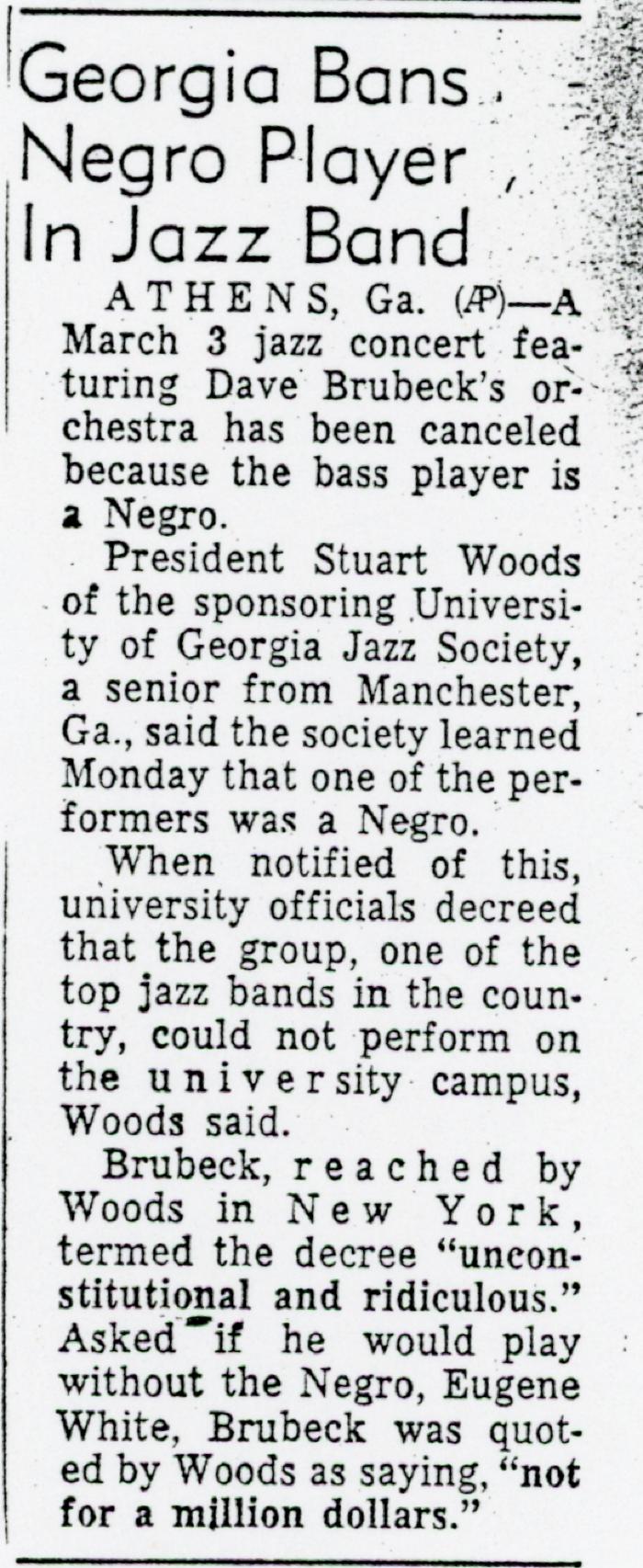 "Georgia Bans Negro Player in Jazz Band"