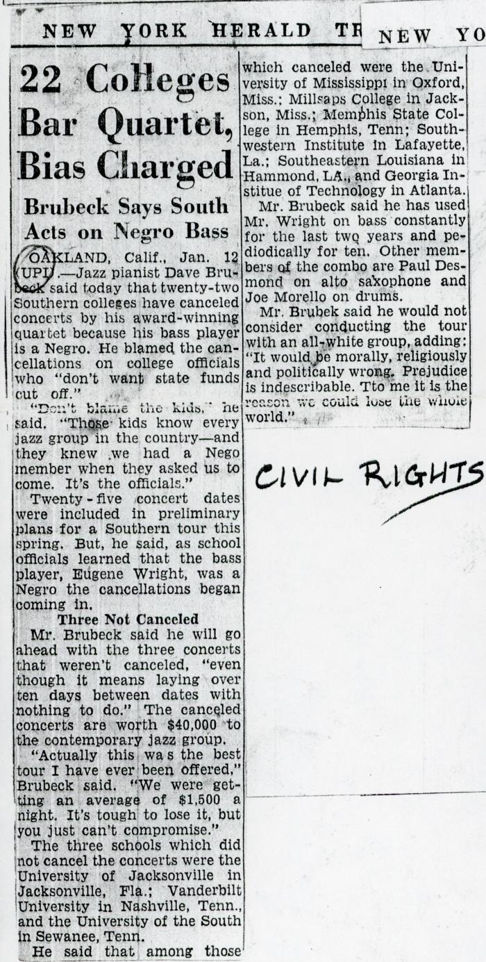 "22 Colleges Bar Quartet, Bias Charges," New York Herald (New York)