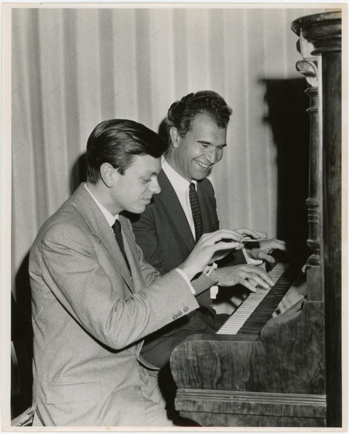 Dave Brubeck giving classical pianist, Phillippe Entremont some pointers on piano technique (Adelaide, Australia)
