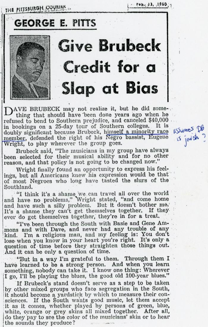 George E. Pitts, "Give Brubeck Credit for a Slap at Bias," The Pittsburgh Courier (Pennsylvania)