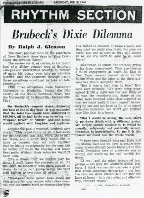 Ralph Gleason, "Brubeck's Dixie Dilemma," Rhythm Section, Pittsburgh Sun-Telegraph (Pennsylvania)