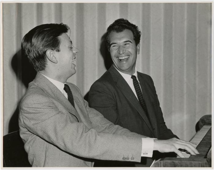 Dave Brubeck and classical pianist, Phillippe Entremont sharing a laugh at the keyboard (Adelaide, Australia)