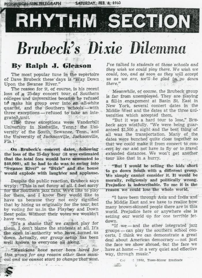 Ralph Gleason, "Brubeck's Dixie Dilemma," Rhythm Section, Pittsburgh Sun-Telegraph (Pennsylvania)