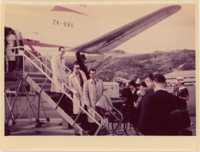 Dave Brubeck Quartet descends airplane ramp (airport, New Zealand)