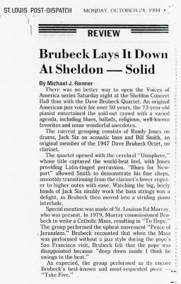 Michael J. Renner, "Brubeck Lays It Down At Sheldon -- Solid," St. Louis Post -- Dispatch (Missouri)