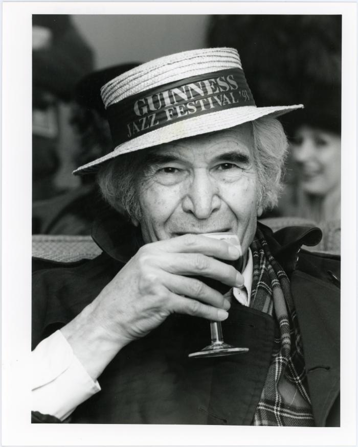 Dave Brubeck wearing boater, holding beer (Guinness Jazz Festival, Cork, Ireland)