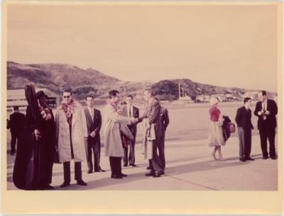 Dave Brubeck shakes hands with official (airport, New Zealand)