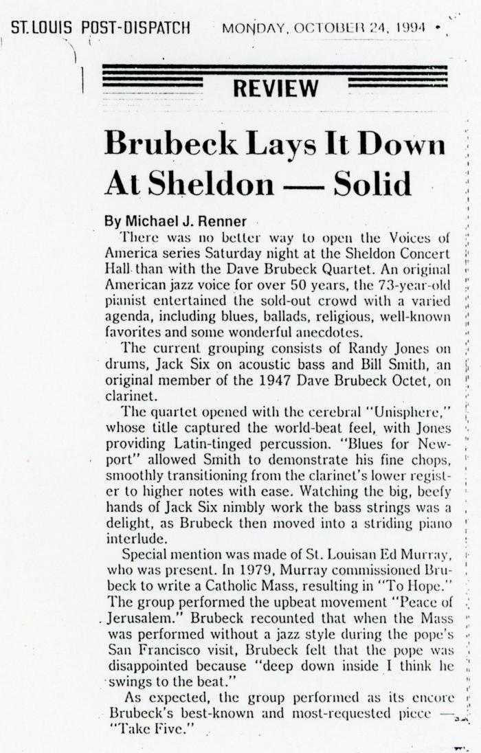 Michael J. Renner, "Brubeck Lays It Down At Sheldon -- Solid," St. Louis Post -- Dispatch (Missouri)